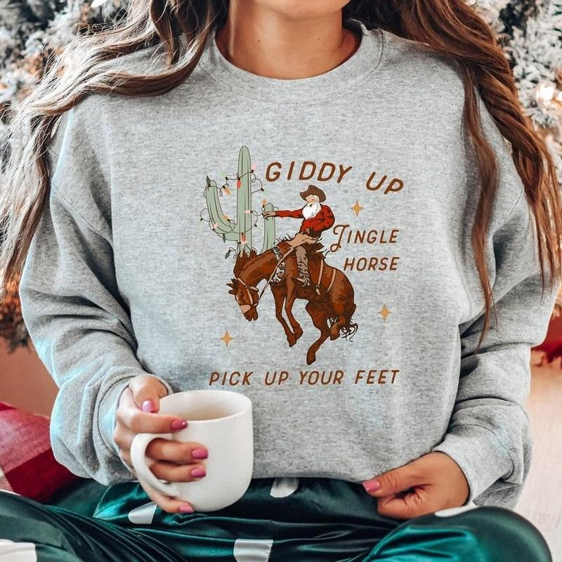 Vintage Cowboy Christmas Sweatshirt, Giddy Up Jingle Horse Pick Up Your Feet Sweater, Howdy Country Christmas Crewneck, Horse Christmas Sweater, Cowgirl Christmas Sweatshirt