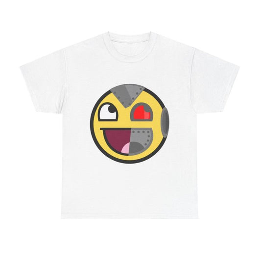 Vintage Cyborg Emoji Graphic Tee, Robot Face Design, Cool Cartoon Character Shirt, Fun Winking Expression, Retro Style Casual Wear