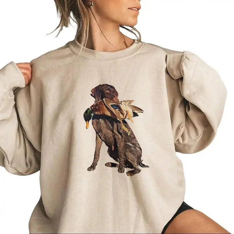 Vintage Dog Hunting Mallard Duck Sweatshirt T-shirt, Hello Hunting Season Hoodie, Unisex Hunting Dog, Goodbye Husband, Wife, Nature Animal Lover Cotton Fabric