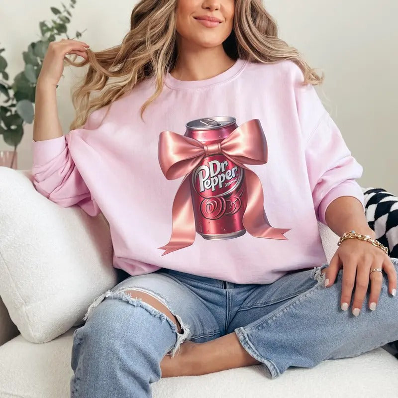 Vintage Dr Pepper Coquette Pink Bow Sweatshirt - Unisex Soda Lover Gift Idea - Fabric, Pullover