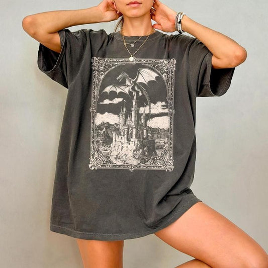 Vintage Dragon Bookish TShirt, Dragon T-Shirt, Dark Medieval Shirt, Artsy Shirt, Gift for Fantasy Reader, Castlecore Dragon Lover