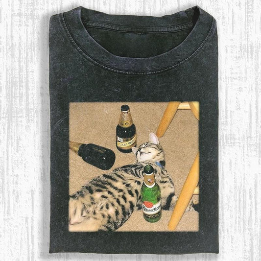 Vintage Drunken Cat T-Shirt, Fantasy Kitten Tshirt, Cute Cat Shirt, Love Cat Tshirt, Meme Cringe Funny Dumb Shirts, Unisex Shirt Menswear Womenswear Streetwear