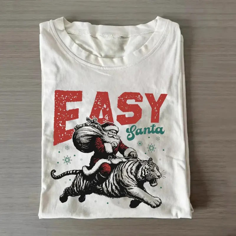 Vintage Easy Tiger Christmas Santa T-shirt, Funny Graphic Tee Womenswear Top
