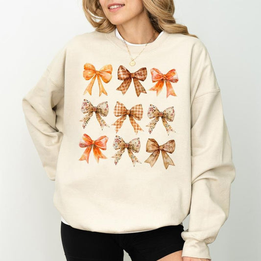 Vintage Fall Coquette Bow Sweatshirt, Autumn Bow Crewneck, Fall Pumpkin Bow Sweater, Fall Vibes Shirt for Girls, Coquette Bow Women Outfits, Comfy Long Sleeve Pullover, Cute Women's Tops, Fall Winter Casual Womenswear, Comfort Cotton Fabric Relaxed Top