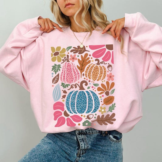 Vintage Fall Leopard Pumpkins Sweatshirt, Autumn Pumpkin Crewneck, Boho Floral Sweaters for Girls, Fall Vibes Tops for Women, Gift Ideas for Her, Casual Women's Tops, Cotton Fabric Womenswear