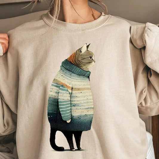 Vintage Fat Gray Cat Sweatshirt, Winter Cat Christmas Sweater, Cute Cat Christmas T-Shirt, Holiday Sweatshirt For Cat Lovers, Gift For Xmas