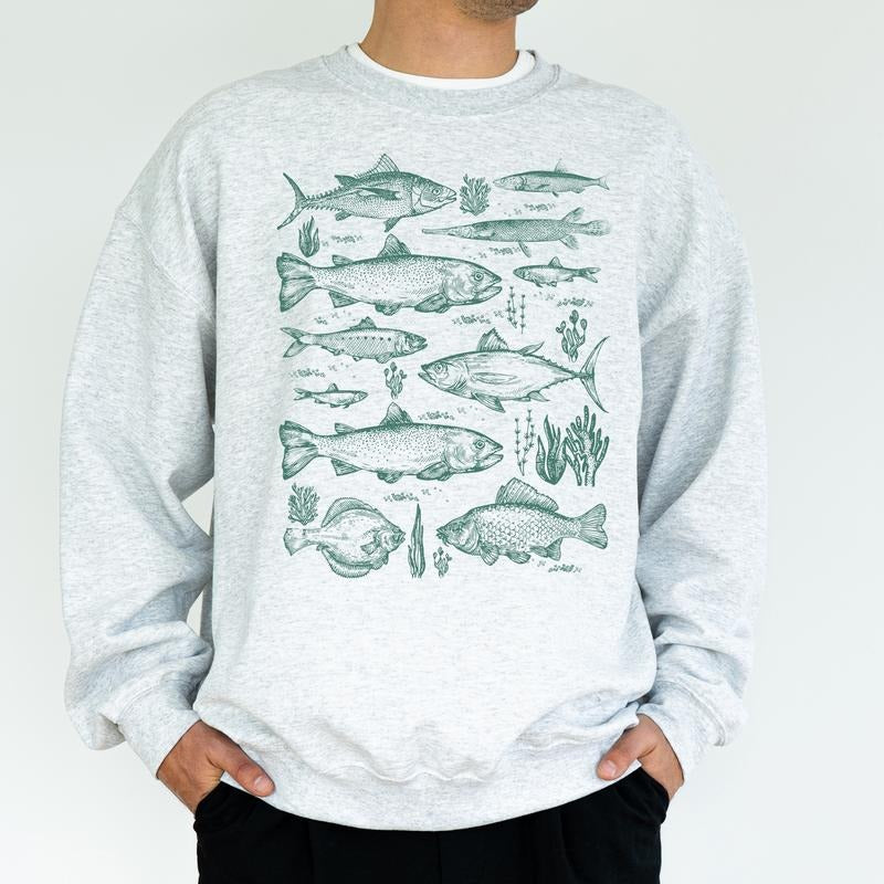 Vintage Fish Tattoo Style Men Sweatshirt, Retro Fisher Crewneck, Fishing Long Sleeved Pullover, Fishing Lovers Sweater, Gift For Him
