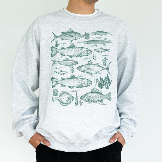 Vintage Fish Tattoo Style Men Sweatshirt, Retro Fisher Crewneck, Fishing Long Sleeved Pullover, Fishing Lovers Sweater, Gift For Him