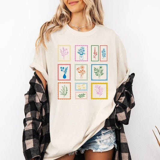 Vintage Floral Stamps, Flowers, Minimalist, Cute, Classic, Comfort Colors T-Shirt, Women's Comfort Colors Tee