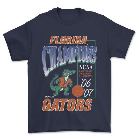 Vintage Florida Gators Champions NCAA Basketball Tournament 2006 & 2007 Unisex Cotton Graphic T-Shirt