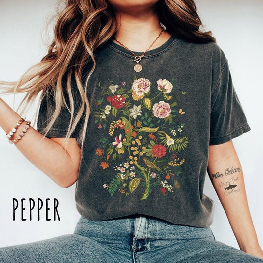 Vintage Flower Shirt, Bird TShirt, Gift For Her, Gift For Mom, Nature Shirt, Gardening Shirt, Floral Tee, CottageCore Shirt, Butterfly Shirt
