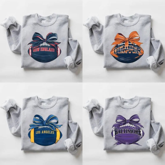 Vintage Football Sweatshirts, Giftable Sports Sweatshirt with Team Logo & Bow Design, Football Crewneck, Vintage Graphic Tees, Football Fan Gift, Unisex Shirt