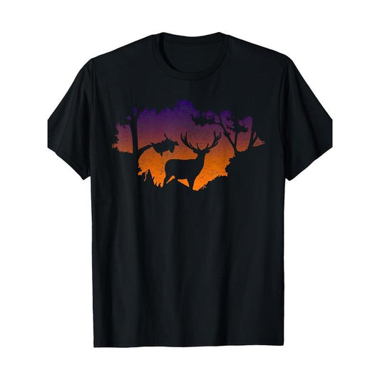 Vintage Forest Deer Silhouette T-Shirt, 100% Cotton, Geometric Pattern, Casual Round Neck, Short Sleeve, Digital Print, Unisex, All Seasons Made in USA