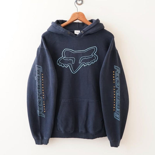 Vintage Fox Racing Motocross Distressed Faded Navy Blue Hoodie, Perfect for Car Enthusiasts, Graphic Shirt for Women, for Men Menswear