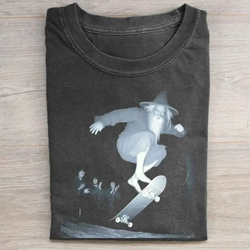 Vintage Gandalf Doing Pop Shuv-it Skateboard Trick Graphic Tee - Lord Of The Rings Movie Shirt - Wizards Graphic Tee - Top, Menswear Hoodie Tshirt