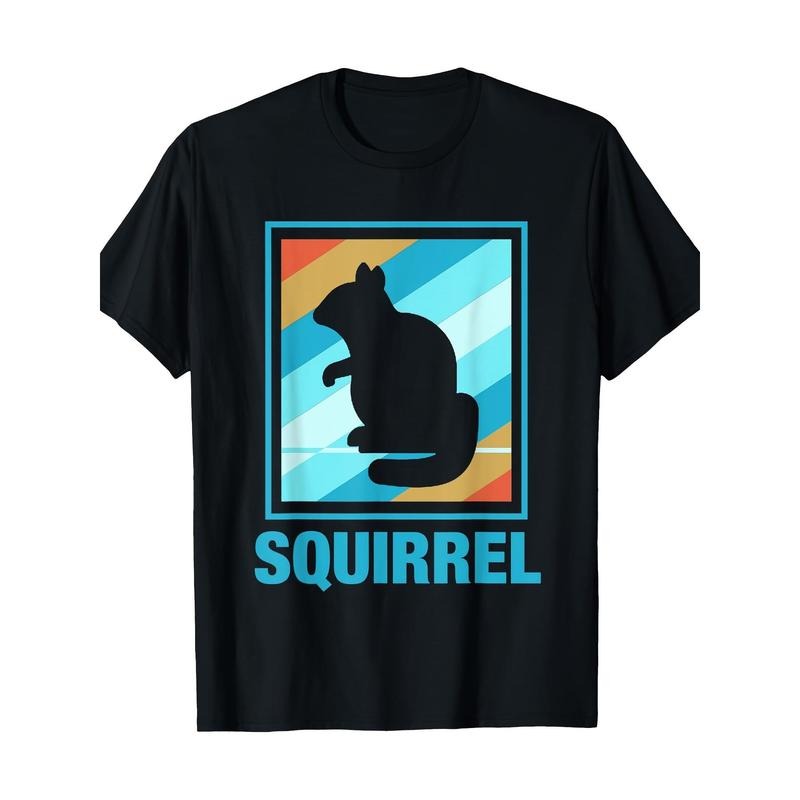 Vintage Geometric Squirrel Silhouette T-Shirt - 100% Cotton, Casual Round Neck, Short Sleeve, Regular Fit, Digital Print Tee for Squirrel Lovers Made in USA