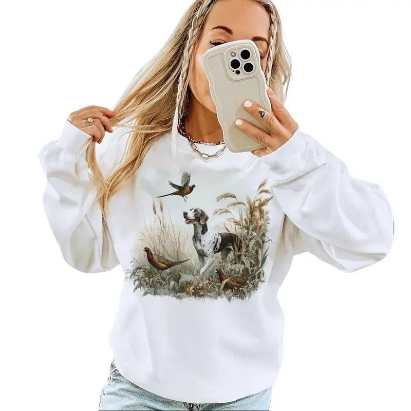 Vintage German Shorthaired Pointer Dog and Pheasants Sweatshirt 90s GSP Ring-Necked Hunter Outfit - Boho Unisex Pullover Cotton