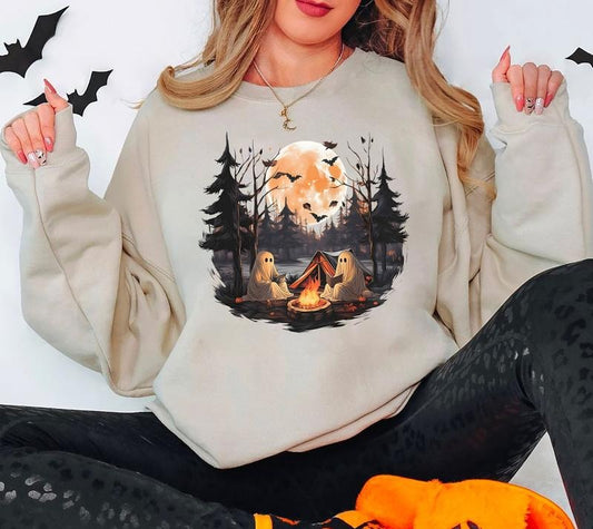 Vintage Ghost Book Camping Sweatshirt, Retro Ghost Sweater, 90s Halloween Shirt, Ghost Camping Sweatshirt, Ghost Reading Shirt, Halloween Gift For Book Lover, Summerween T-Shirt, Camping Tee