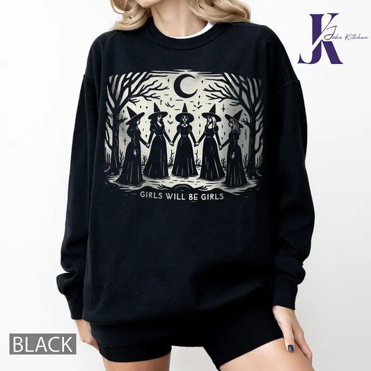 Vintage Girls Will Be Girls Witch Comfort Colors Shirt, Funny Witch Vintage Shirt, Vintage Halloween Women Shirt, Witchy Vibes Shirt Crewneck Womenswear Sweatshirt Graphic