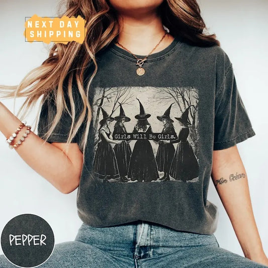Vintage Girls Will Be Girls Witch Comfort Colors Shirt, Funny Witch Vintage Shirt, Vintage Halloween Women Shirt, Witchy Vibes Shirtstyle{n002}2