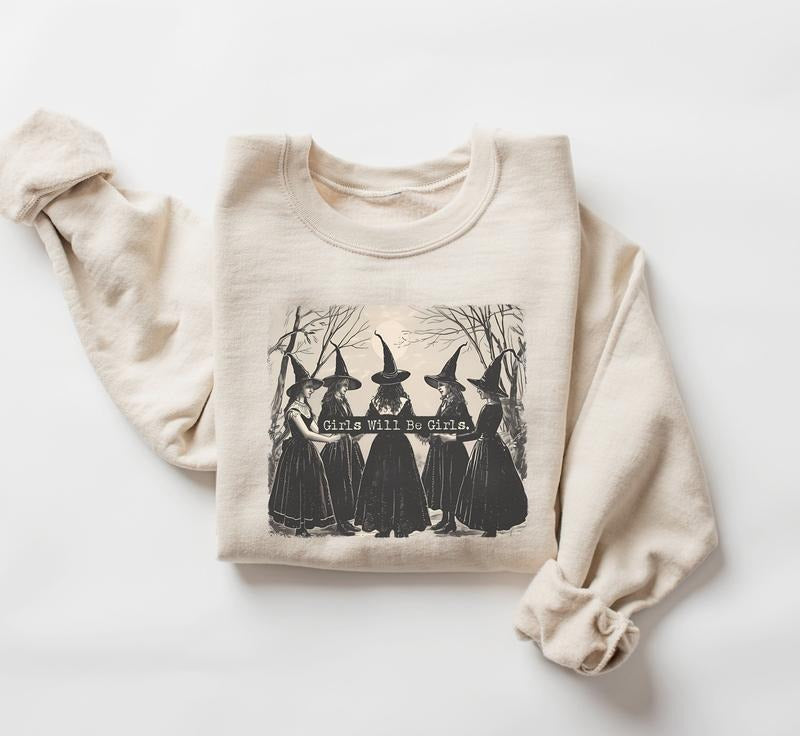 Vintage Girls Will Be Girls Witch Sweatshirt, Funny Witch Sweatshirt, Vintage Halloween Women Shirt, Witchy Vibes Sweatshirt