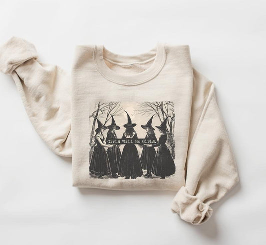 Vintage Girls Will Be Girls Witch Sweatshirt, Funny Witch Sweatshirt, Vintage Halloween Women Shirt, Witchy Vibes Sweatshirt