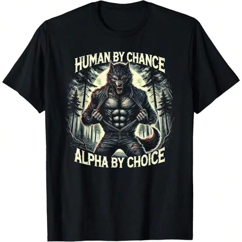 Vintage Graphic Tee Human By Chance Alpha By Choice Alpha Wolf T-Shirt T-Shirt Soft Fabric, Breathable, Short Sleeve T-Shirts ,funny graphic tees Top
