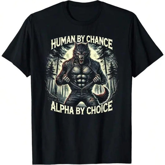 Vintage Graphic Tee Human By Chance Alpha By Choice Alpha Wolf T-Shirt T-Shirt Soft Fabric, Breathable, Short Sleeve T-Shirts ,funny graphic tees Top