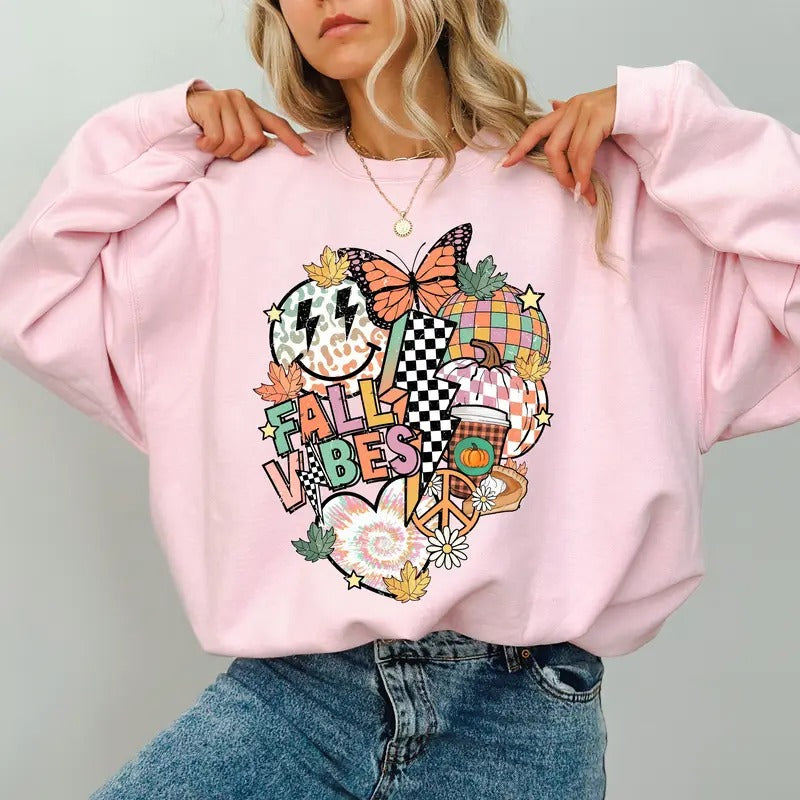 Vintage Groovy Fall Vibes Graphic Printed Sweatshirt, Retro Smile Face Crewneck, Hello Fall Sweatshirt, Girly Autumn Pumpkin Sweater, Fall Crewneck For Women, Comfy Long Sleeve Pullover, Cute Women's Tops, Fall Casual Womenswear, Comfort Fabric Cotton Top