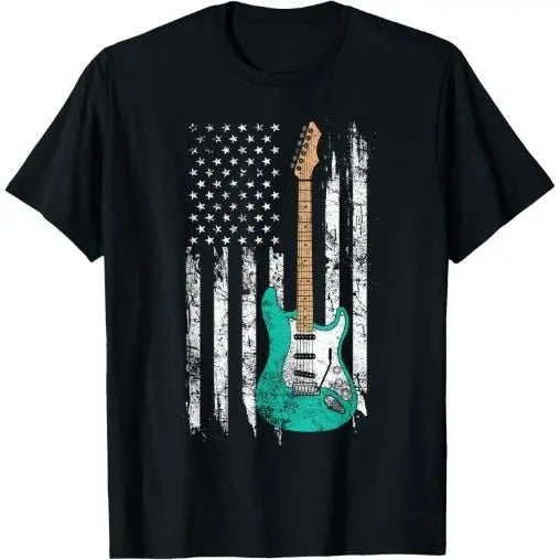 Vintage Guitar - American US Flag T-Shirt Made in USA