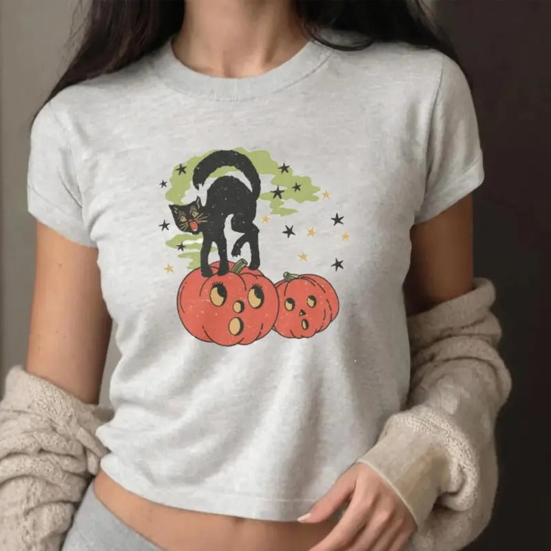 Vintage Halloween Baby Tee, Black Cat Pumpkin Baby Tee, Halloween Witch Kitten Baby Tee, Pumpkin Season Baby Tee, Halloween Black Cat T-Shirt