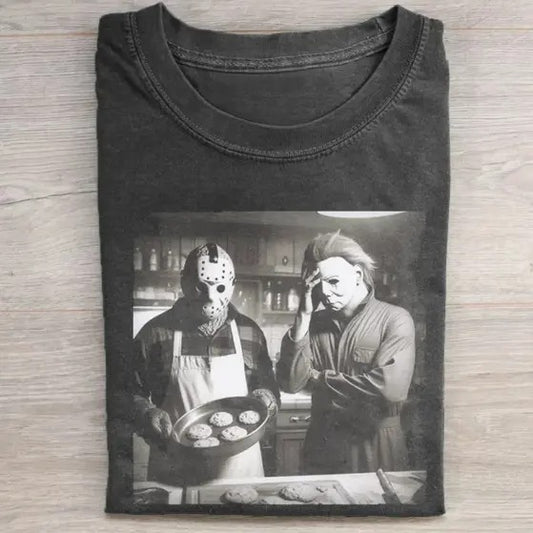 Vintage Halloween Chef Graphic T-shirt, Jason Voorhees X Michael Myers Tee, Horror Movie Shirt, Horror Character, Funny Halloween Shirt, Unisex T-Shirt, Gift For Men Women