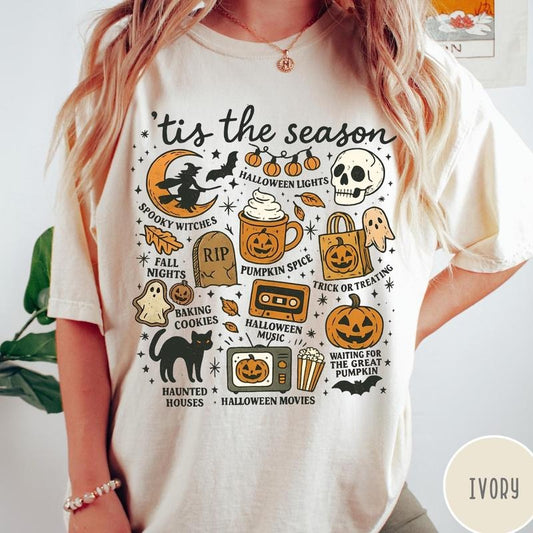 Vintage Halloween Comfort Colors Shirt, Tis' the Season, Retro Halloween Aesthetic, Women's Halloween Shirt, Pumpkin Witch Graphic Tee