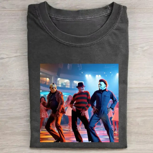 Vintage Halloween Graphic T-shirt, Jason Voorhees X Freddy Krueger X Michael Myers Dancing Tee, Horror Movie Shirt, Horror Character, Funny Halloween Shirt, Unisex T-Shirt