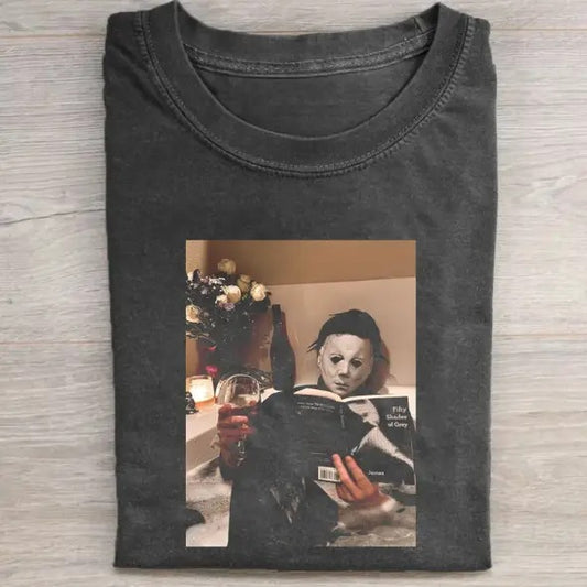 Vintage Halloween Graphic T-shirt, Michael Myers Holding Book and Wine Tee, Horror Movie Shirt, Horror Character, Funny Halloween Shirt, Unisex T-Shirt