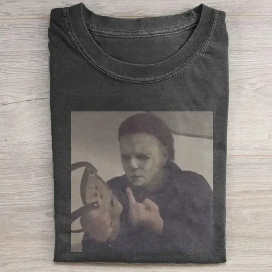 Vintage Halloween Graphic T-shirt, Michael Myers Middle Finger Jason Voorhees Tee, Horror Movie Shirt, Horror Character, Funny Halloween Shirt, Unisex T-Shirt