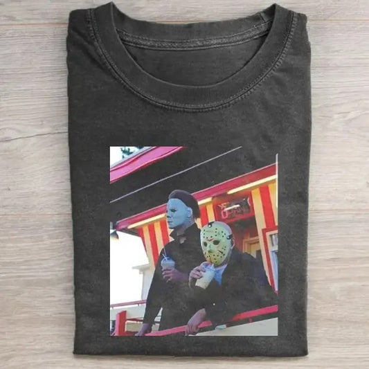 Vintage Halloween Graphic T-shirt, Michael Myers X Jason Voorhees Tee, Horror Movie Shirt, Horror Character, Funny Halloween Shirt, Unisex T-Shirt
