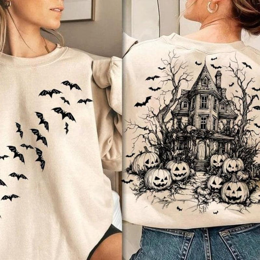 Vintage Halloween Scene with Bats and Pumpin 2 Sided Unisex Sweatshirt, Retro Spooky Season Halloween Pumpkin Tee, Spooky Gift for Men and Women