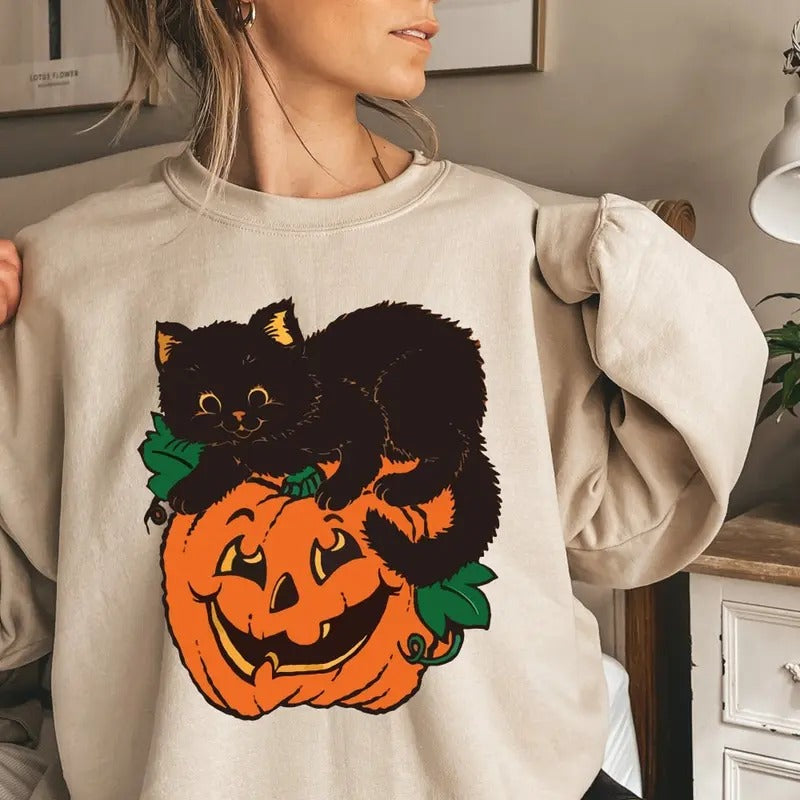 Vintage Halloween Unisex Sweatshirt and Hoodie, Pumpkin Halloween, Pumpkin and Black Cat Tee Cotton Womenswear