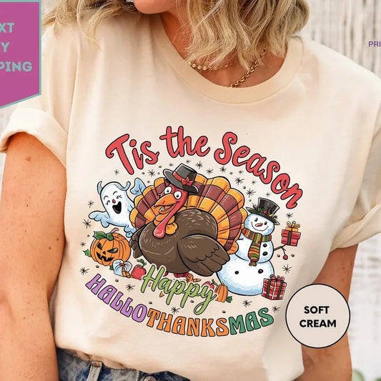 Vintage Happy Hallothanksmas Shirt Happy Halloween Thanksgiving Christmas Sweatshirt Holiday Season Funny Tee