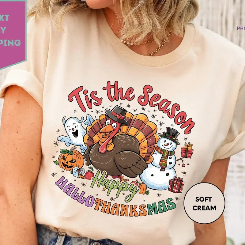 Vintage Happy Hallothanksmas Shirt Happy Halloween Thanksgiving Christmas Sweatshirt Holiday Season Funny Teestyle{n002}2