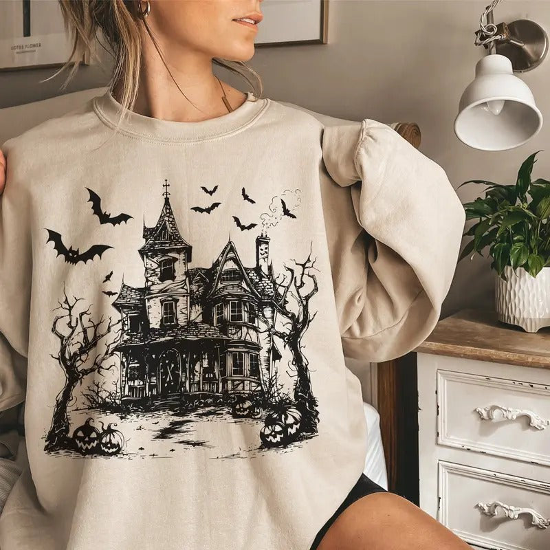 Vintage Haunted House Sweatshirt, Vintage Halloween Sweatshirt, Retro Halloween Sweatshirt, Spooky Season Shirt, Black...