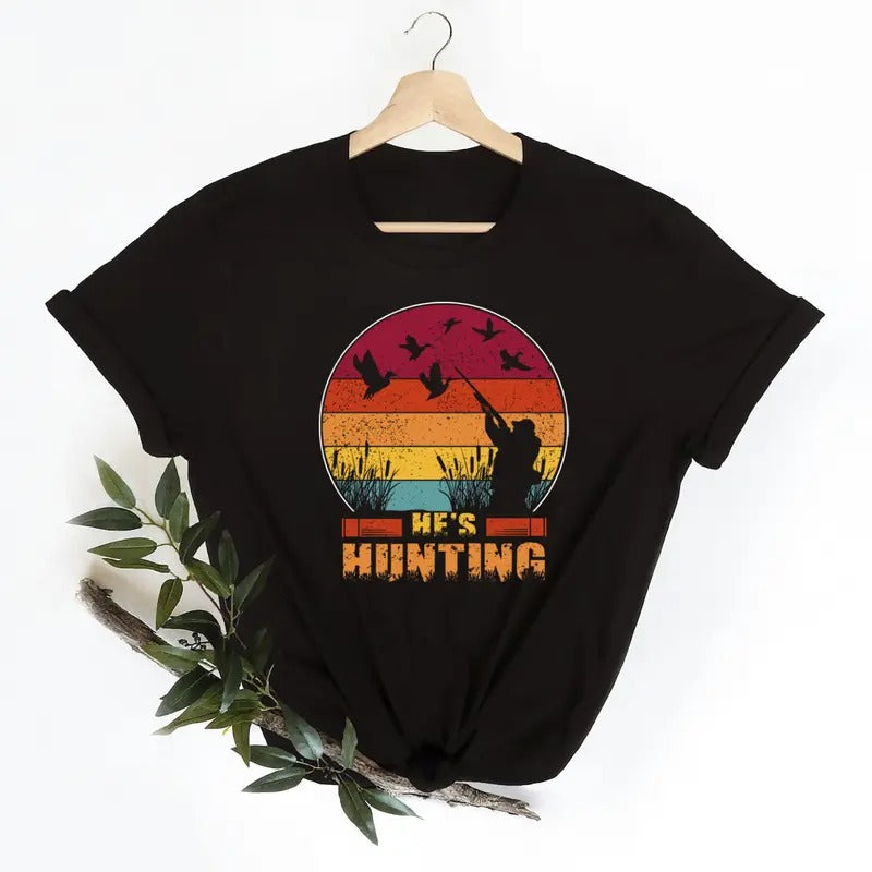 Vintage He's Hunting Mallard Duck T-shirt Unisex Retro 90s Classic Sweatshirt Pullover, Best sellers Hunting Season 2024 2025, Cotton Fabric Womenswear