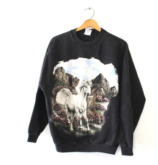 Vintage Horse Sweatshirt T-Shirt Hoodie Horse Lover Gift Horse Lover Gift For Girl Gift For Her Gift For Him Menswear Athletic Collar Fitted Seamless Black Tops