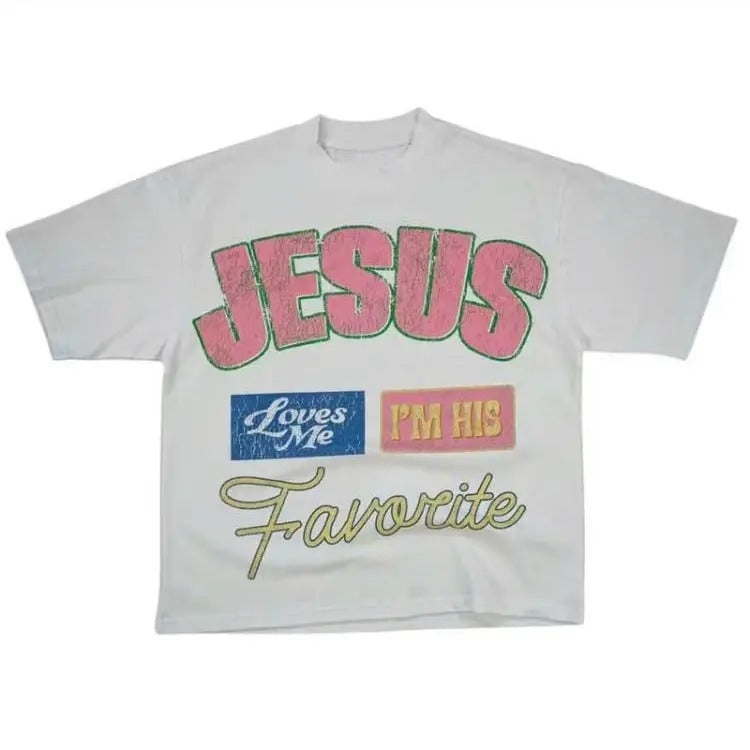 Vintage Jesus Loves Me I'm His Favorite Print Short Sleeve T-Shirt, Vintage I Love Jesus Shirt, Menswear Top Underwear Tshirt Cotton Polyester