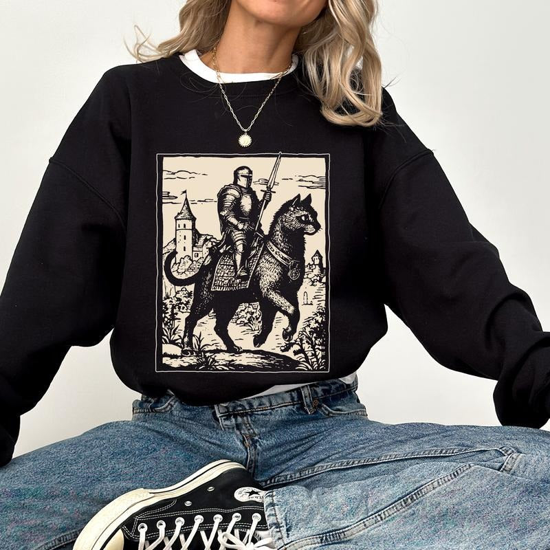 Vintage Knight Riding Cat Sweatshirt, Retro Knight Kitten Crewneck, Dark Art Grimdark Tops, Cat Lover Gifts, Funny Meme...