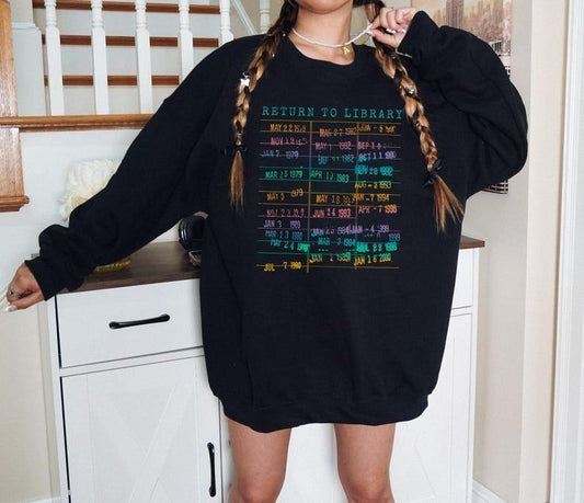 Vintage Library Rainbow Sweatshirt, Return to Library Card Book Due Date Shirt, Reader Gift for Her Him Librarian English Teacher Crewneck