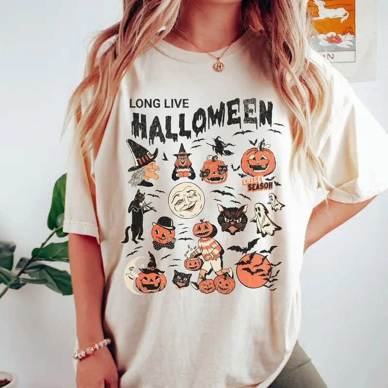 Vintage Long Live Halloween Shirt, Vintage Witch Black Cat Doodles T-Shirt, Retro Fall Spooky Season Shirt, Black Cat Halloween Shirt, Pumpkin Fall Halloween Sweatshirt, Halloween Gift Shirt