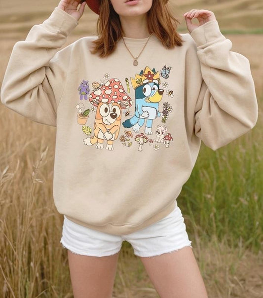 Vintage Look Blue Dog Boho Mushroom Sweatshirt Adults Dog Sisters Hoodie, bluey sweatshirt, Bluey and bingo gift