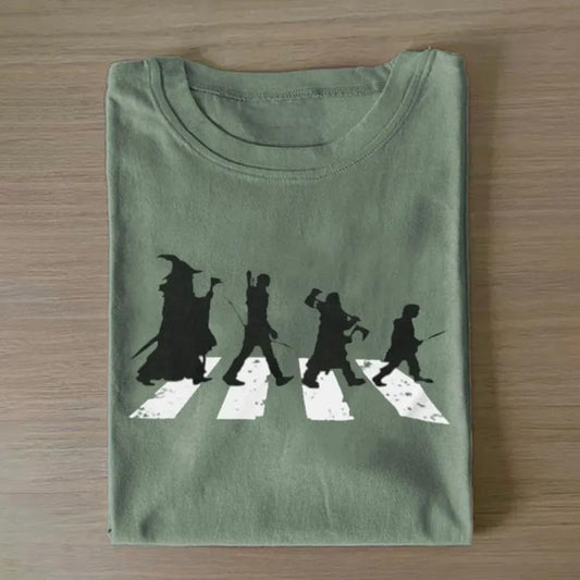 Vintage Lord of the Rings Crossing the Road Graphic Tee - Parody Album Cover Shirt - The Lord of The Rings Movie Shirt - LOTR - Gandalf - Legolas - Gimli - Frodo Baggins - The Hobbits Menswear Top